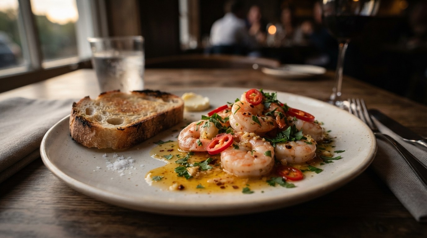 Garlic and chili shrimp glistening in butter with sliced red chili and parsley, served with toasted sourdough