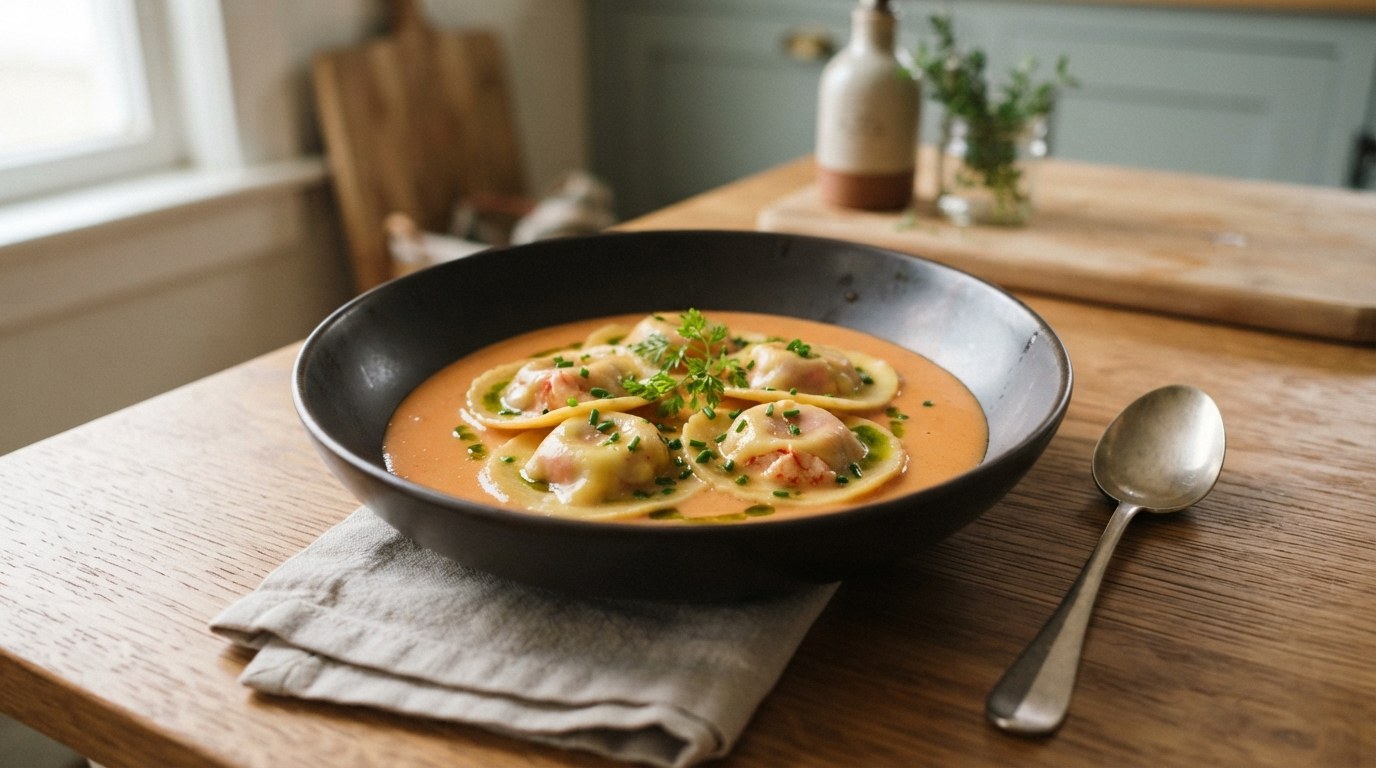 Four homemade lobster ravioli with pink lobster filling showing through thin pasta, in coral-orange shellfish bisque with chives in a dark bowl