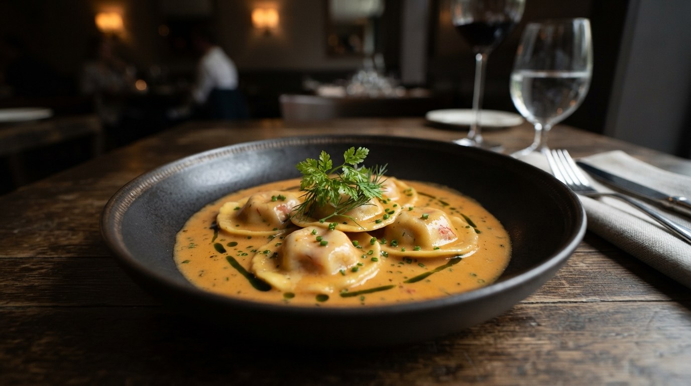 Lobster ravioli in a rich orange shellfish bisque in a dark bowl