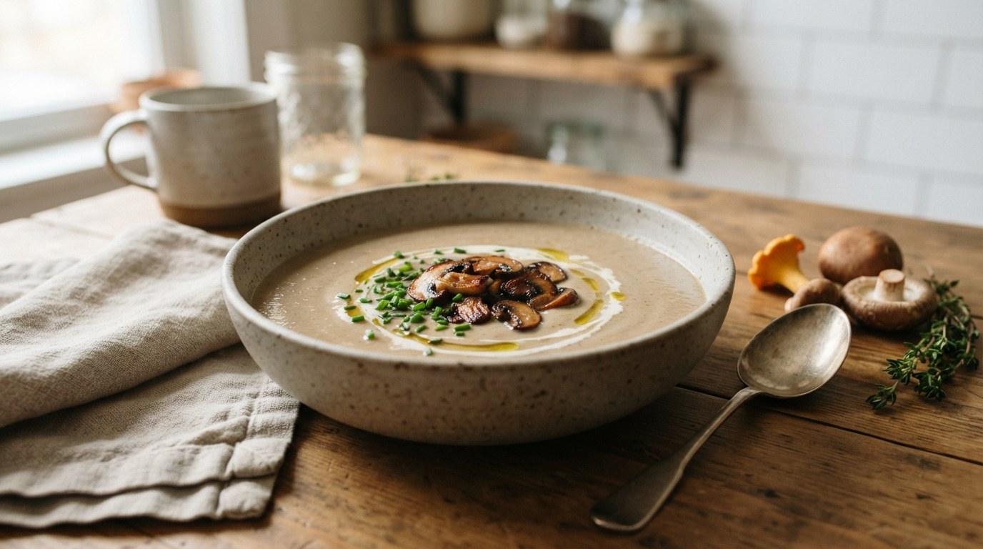 A stoneware bowl of smooth pale mushroom velouté topped with browned sautéed mushroom slices, chives and a swirl of cream, wild mushrooms and thyme beside it