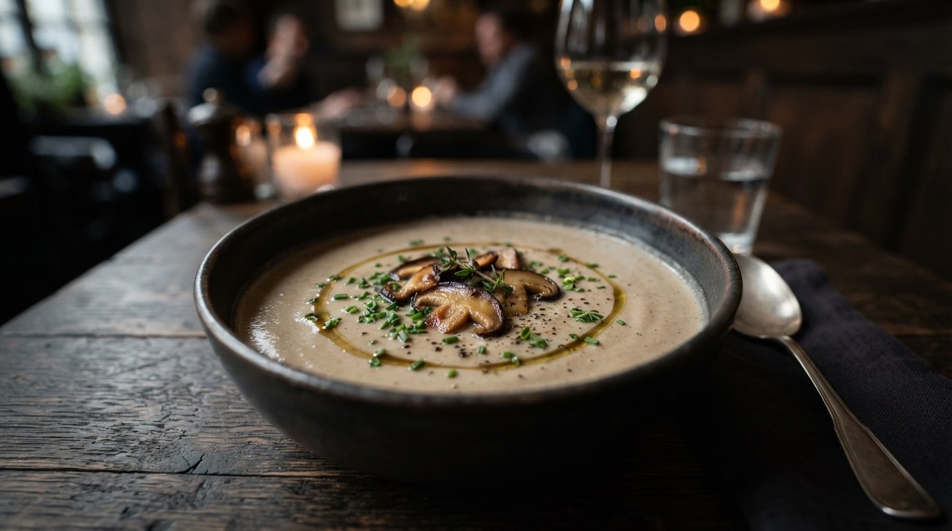 A bowl of silky wild mushroom velouté finished with truffle oil and chives