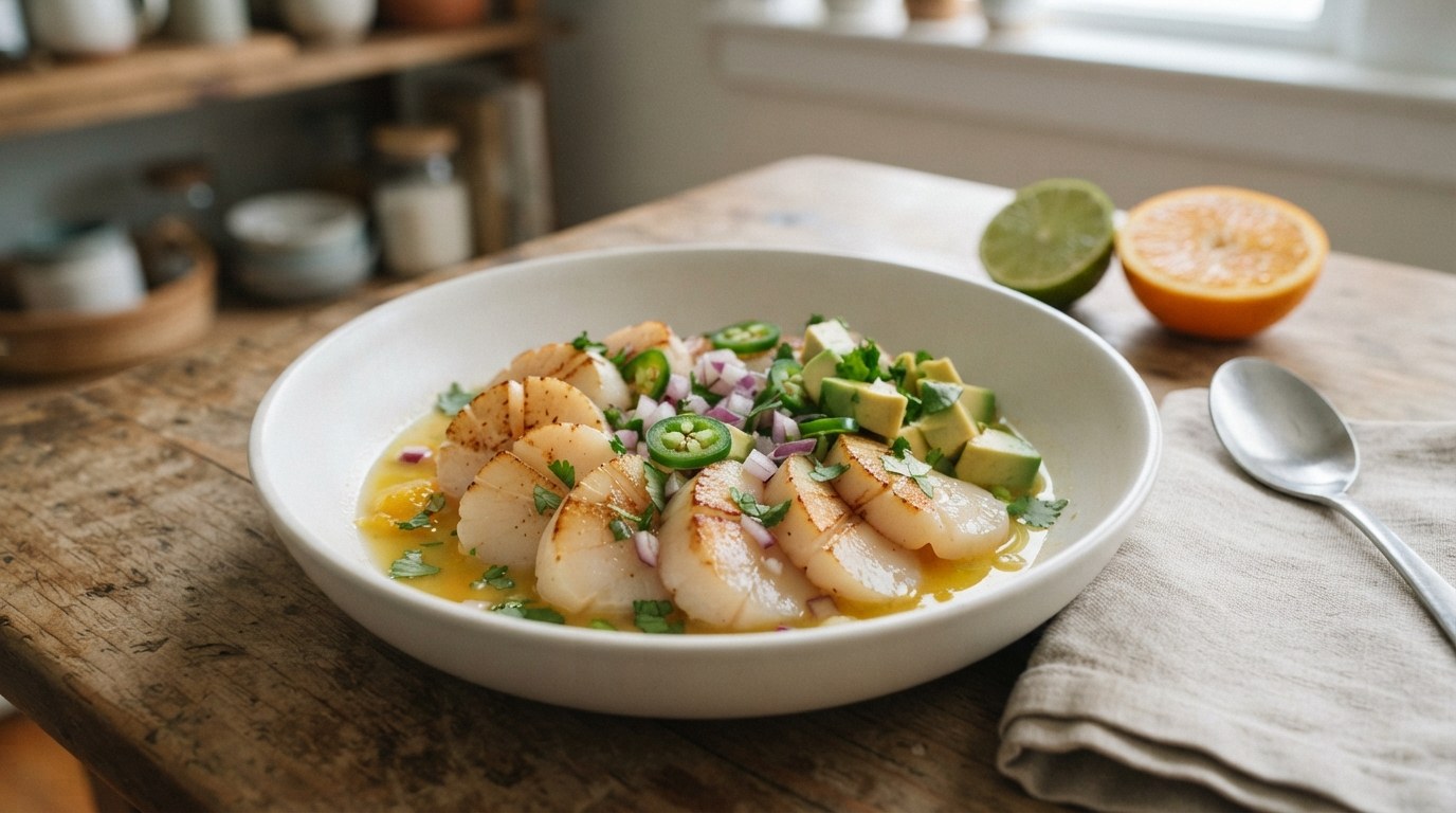 Seared scallops sliced into thin coins with browned edges, fanned in a white bowl of citrus juice with red onion, jalapeño, avocado and cilantro
