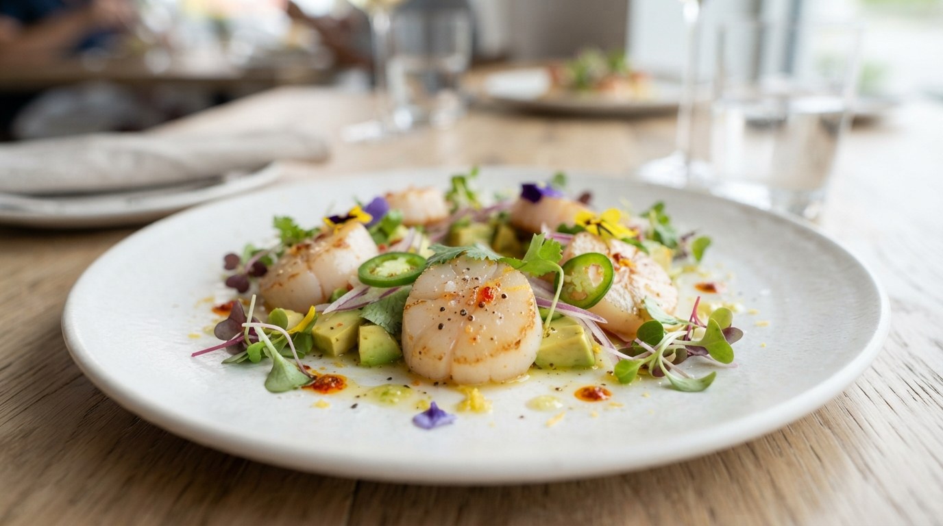 Seared scallop ceviche with citrus, avocado, red onion, and micro greens on a white plate