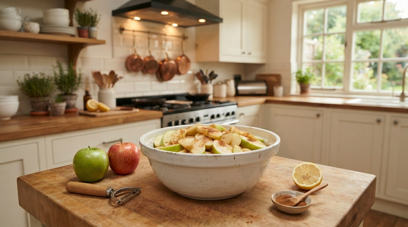A bowl of sliced Granny Smith and Honeycrisp apples tossed with brown sugar and cinnamon, with whole apples, a peeler and a halved lemon beside it