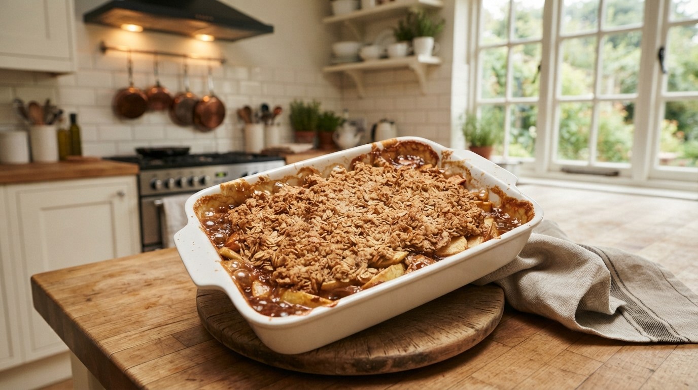 A freshly baked apple crisp with oats in a white baking dish on a wooden trivet, the oat topping deep golden and the cinnamon-apple juices bubbling at the edges