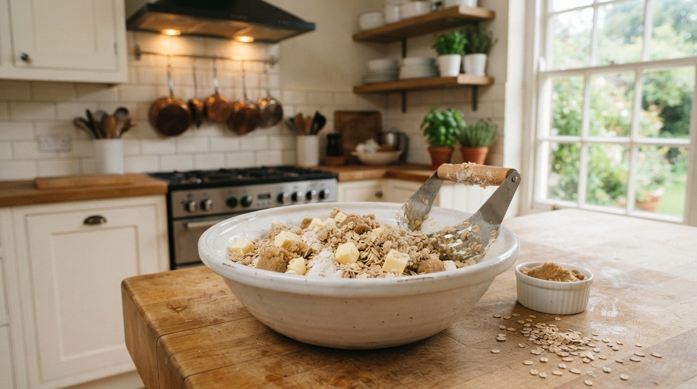 A bowl of apple crisp topping with rolled oats, flour and brown sugar being cut together with cubes of cold butter using a pastry blender