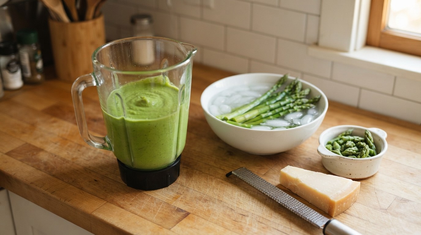 A blender jar of bright green asparagus purée beside a bowl of ice water with blanched asparagus spears, trimmed tips and a wedge of Parmesan with a grater