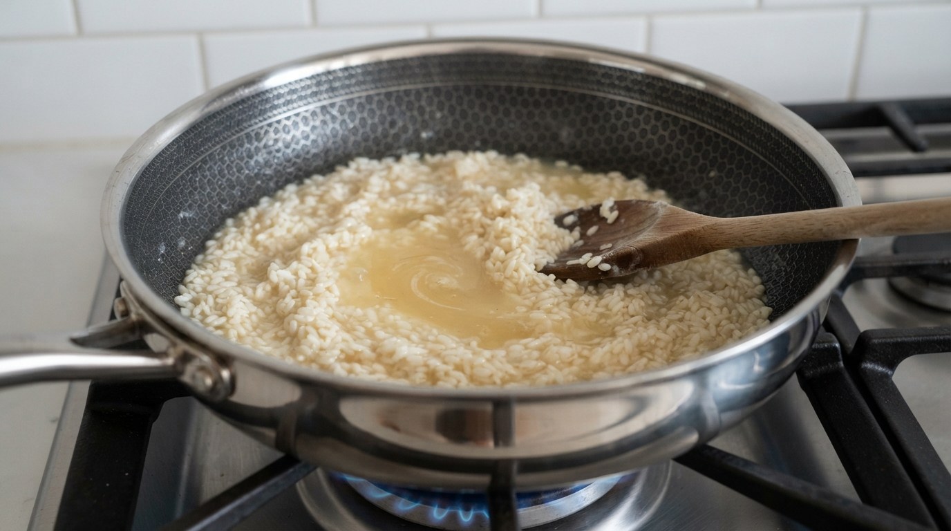 A half-finished asparagus risotto in a saucepan, the rice loose and glossy in a little simmering stock, with a ladle of hot stock just added and a wooden spoon resting in the pan