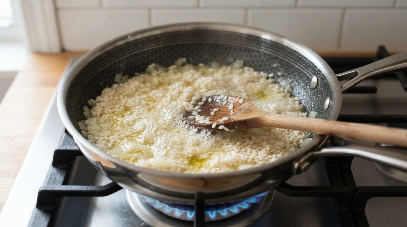 Arborio rice toasting with diced onion in olive oil in a saucepan, the grains translucent at the edges, with white wine just added and bubbling