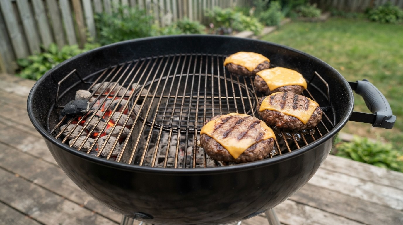 Four grilled burger patties with dark grill stripes and melting American cheese on the cool side of a charcoal grill, glowing coals banked on the far side