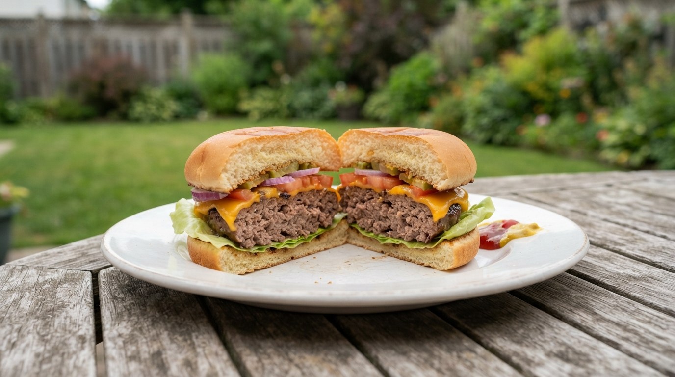 A grilled cheeseburger cut in half on a patio table, the patty cooked through with no pink, melted American cheese, butter lettuce, tomato, red onion and pickles