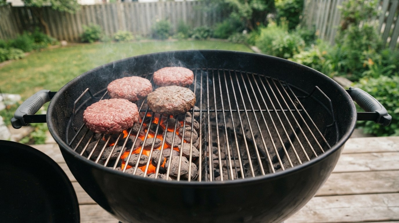 Four raw beef burger patties searing on a charcoal grill grate directly above a bank of glowing coals, the other half of the grill with no lit coals beneath