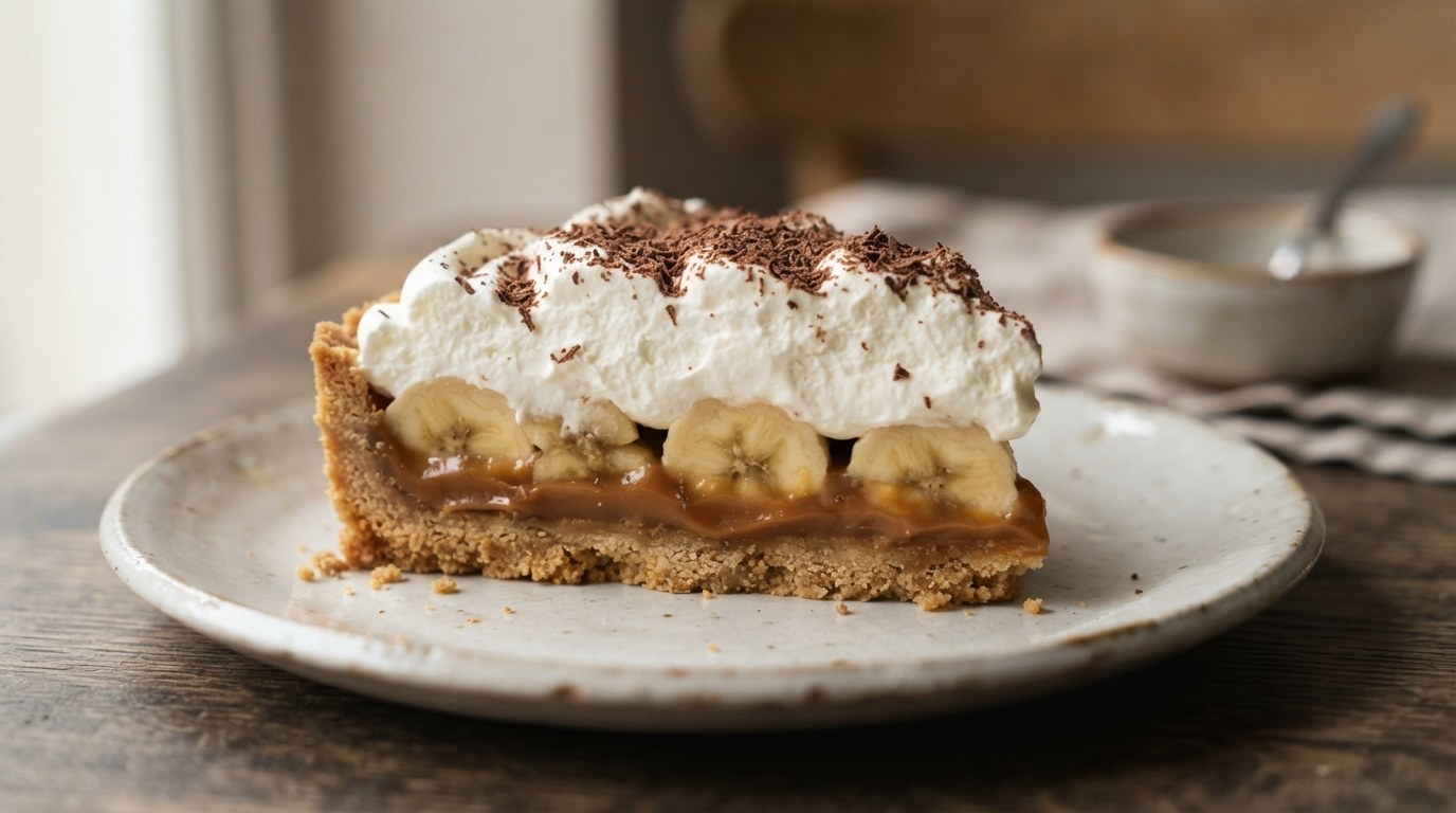A side view of a banoffee pie slice showing the biscuit base, caramel toffee, banana slices, whipped cream, and grated chocolate