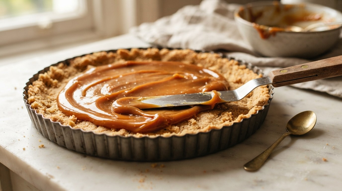 Thick golden dulce de leche toffee being spread over a biscuit crumb base in a tart tin