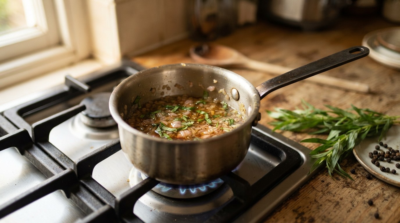 A tarragon, shallot, and white-wine-vinegar reduction cooked down to a few spoonfuls in a small saucepan