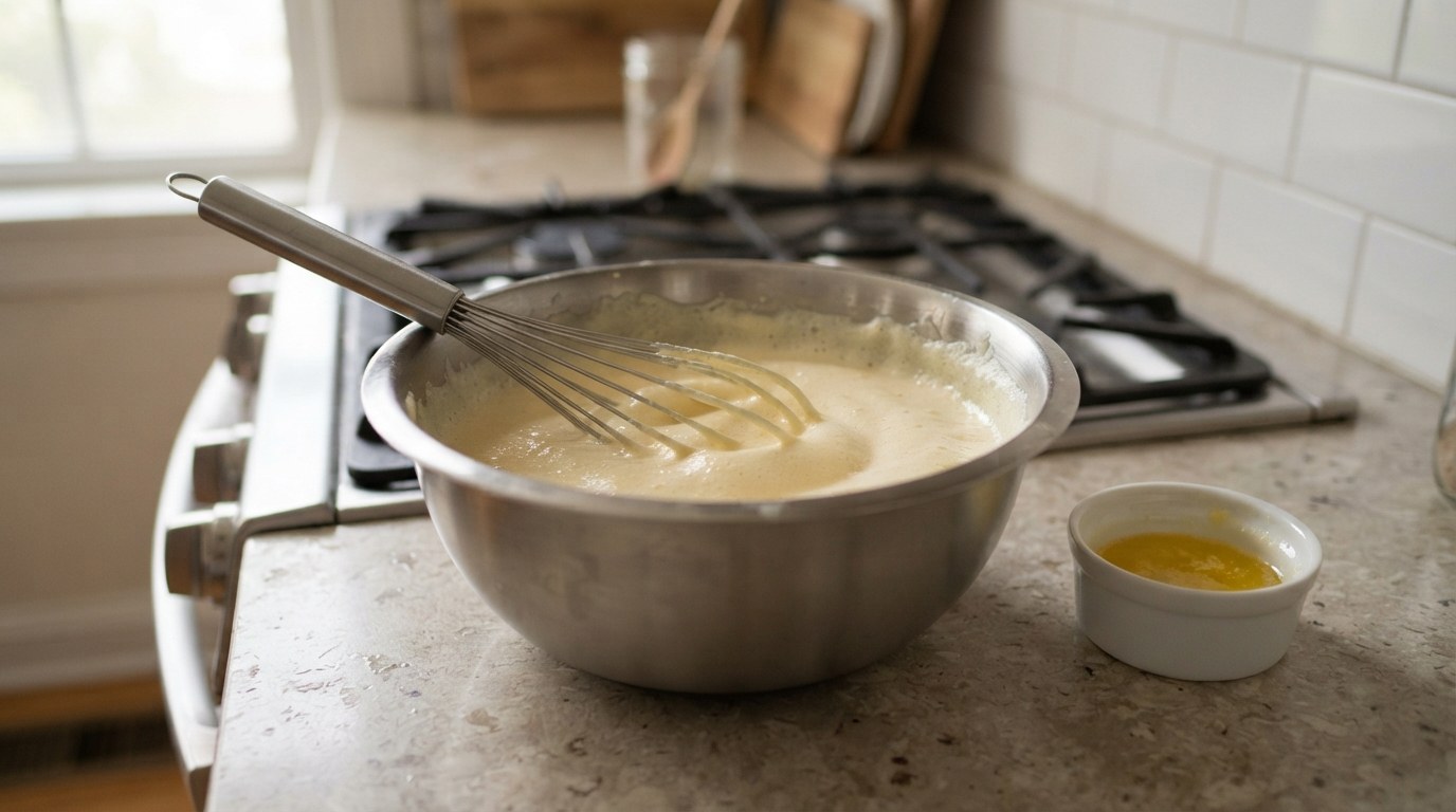 Warm melted butter streaming into a pale, whisked egg-yolk sabayon in a steel bowl set over a pot of simmering water