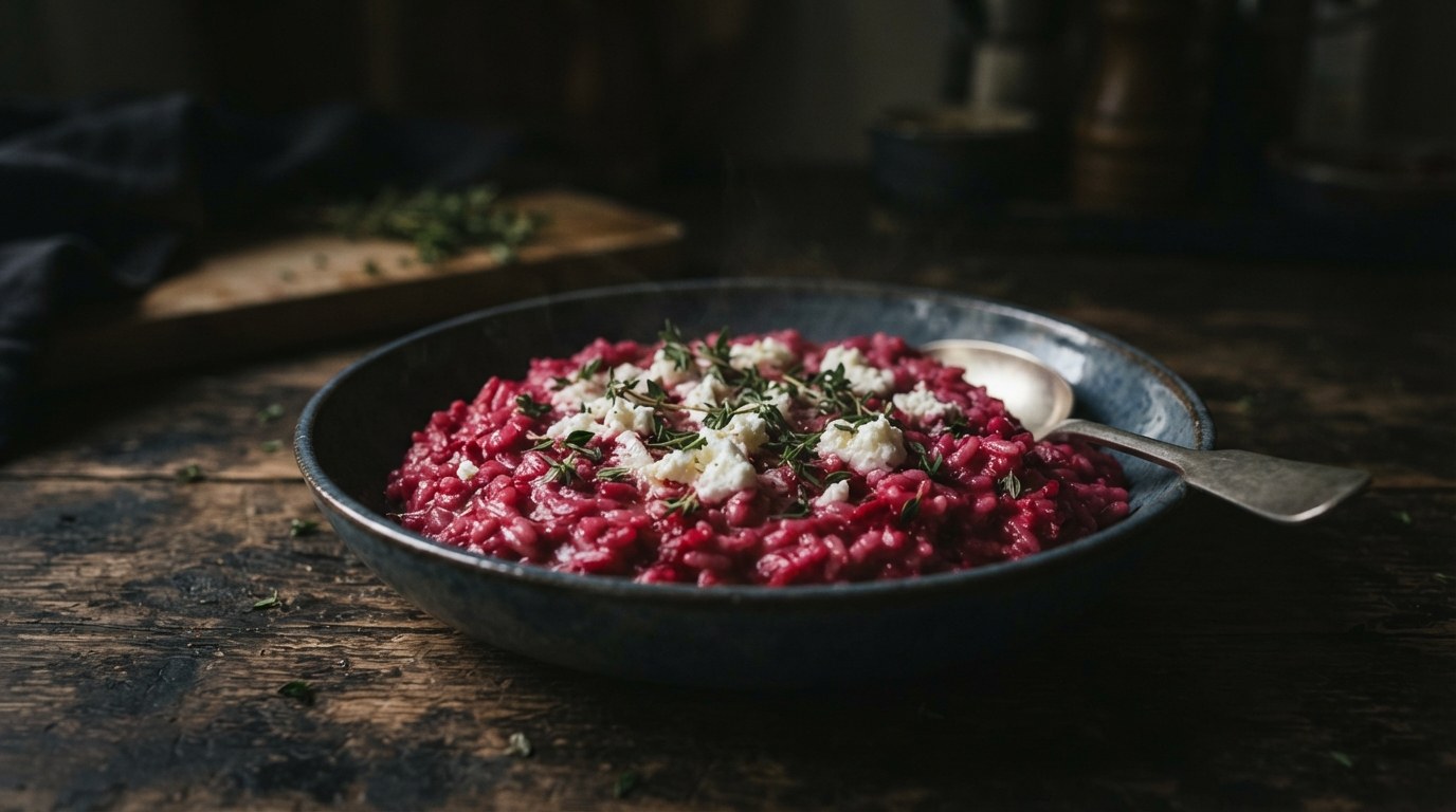 Vivid magenta beetroot risotto topped with crumbled goat cheese and thyme
