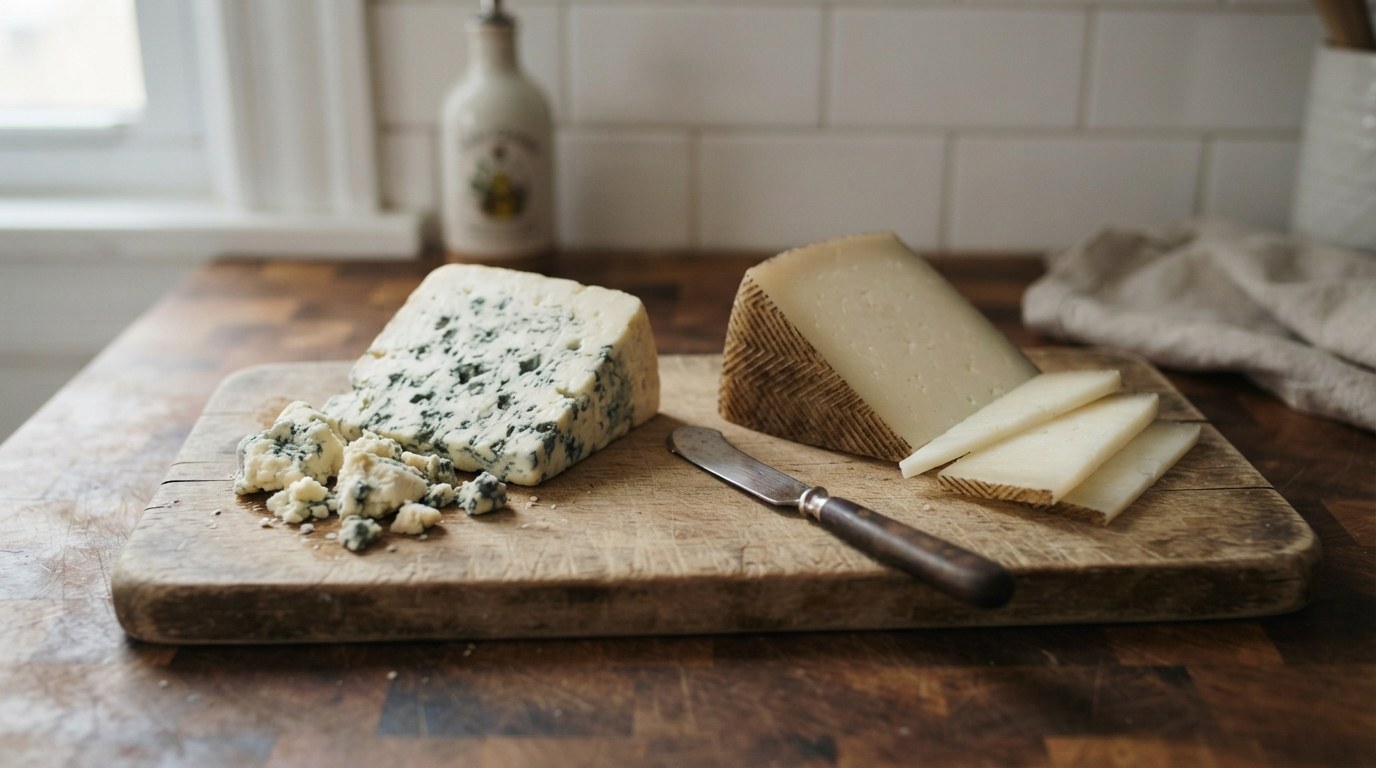 A wedge of blue-veined blue cheese broken into large crumbles beside a wedge of Manchego with its basket-weave rind and three thin slices, on a wooden board