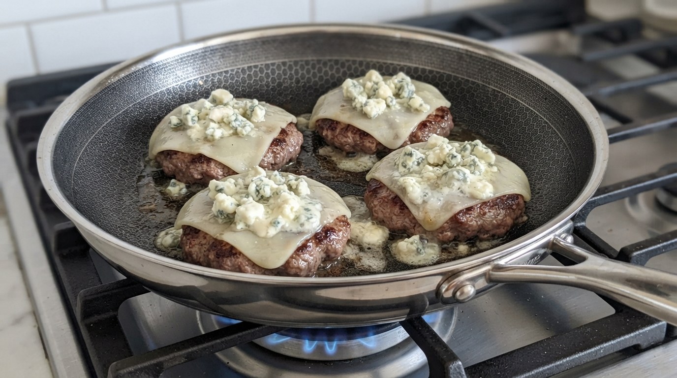 Four beef patties in a skillet, each topped with a thin slice of melted Manchego and a pile of softened blue cheese crumbles, a few crumbles melted into the pan