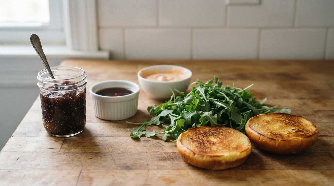 Blue cheese burger toppings on a wooden counter: a jar of fig jam with a spoon, a ramekin of dark cider vinegar reduction, a bowl of hot mayo, a pile of arugula and two toasted buns
