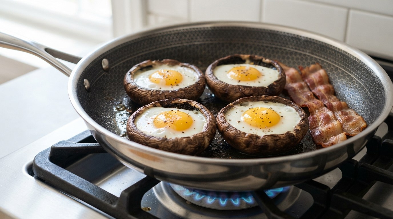 Four browned portobello caps in a skillet, each holding an egg with a set white and runny yolk, with crisp bacon at the side