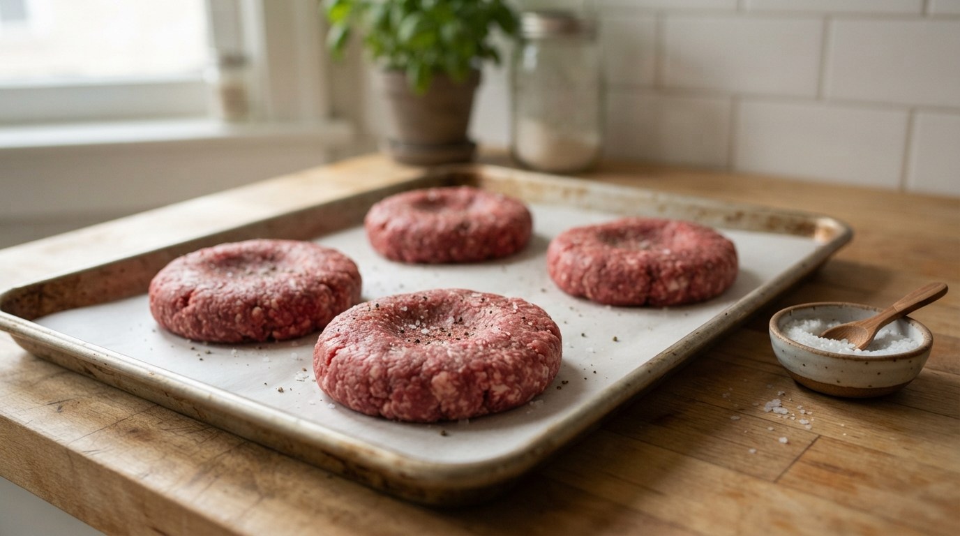 Four raw ground beef patties on a parchment-lined tray, each with a shallow thumb dimple, sprinkled with flaky salt and pepper