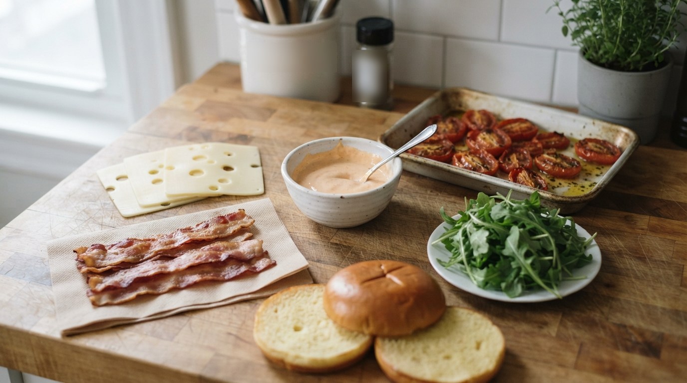 Celebration Burger toppings on a butcher-block counter: sriracha mayo, a tray of roasted plum tomatoes, arugula, crisp bacon, Swiss slices and brioche buns