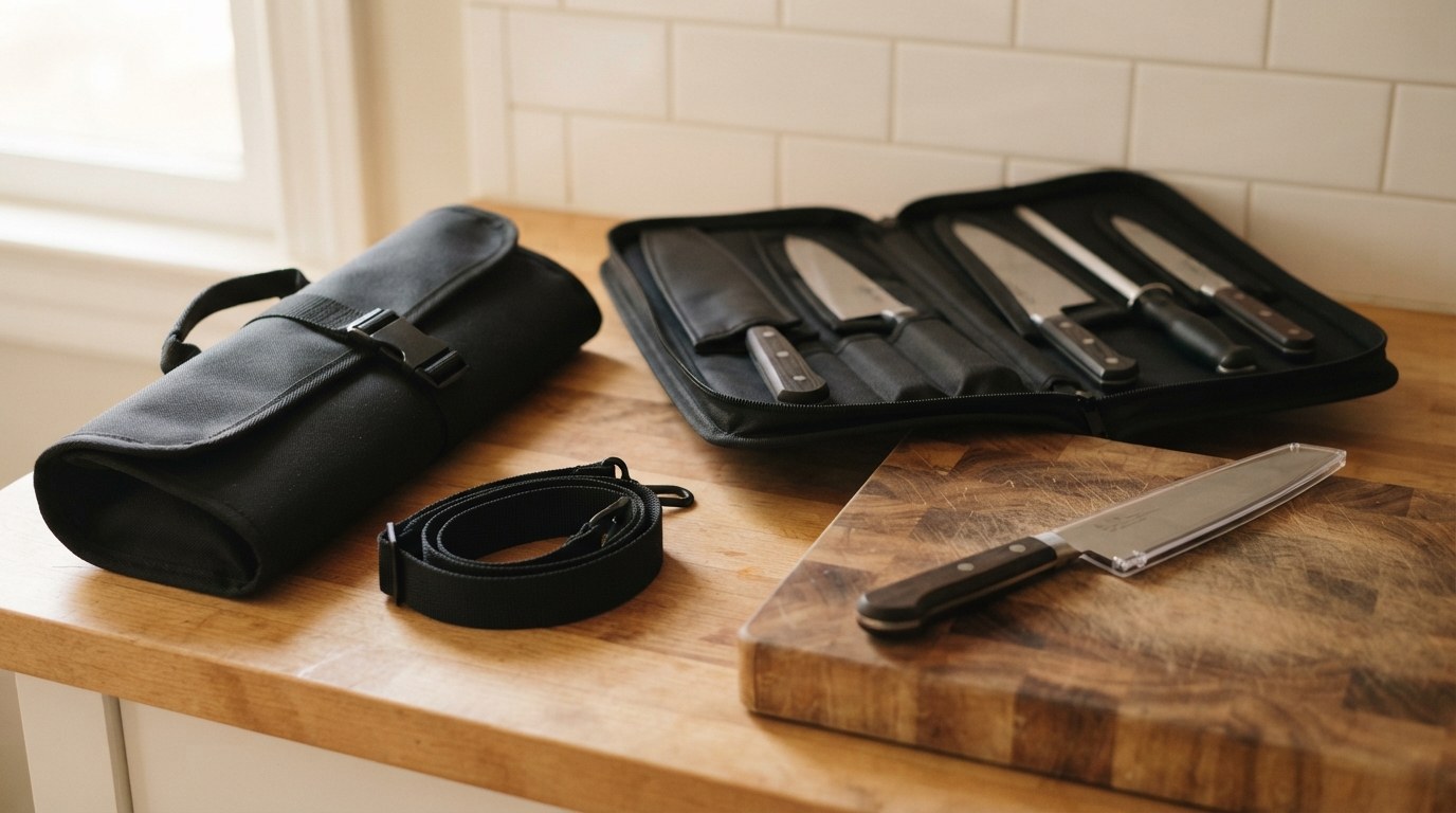 A knife roll buckled shut with its shoulder strap beside an open zippered knife case with knives in sleeves and a chef's knife wearing an edge guard on a cutting board