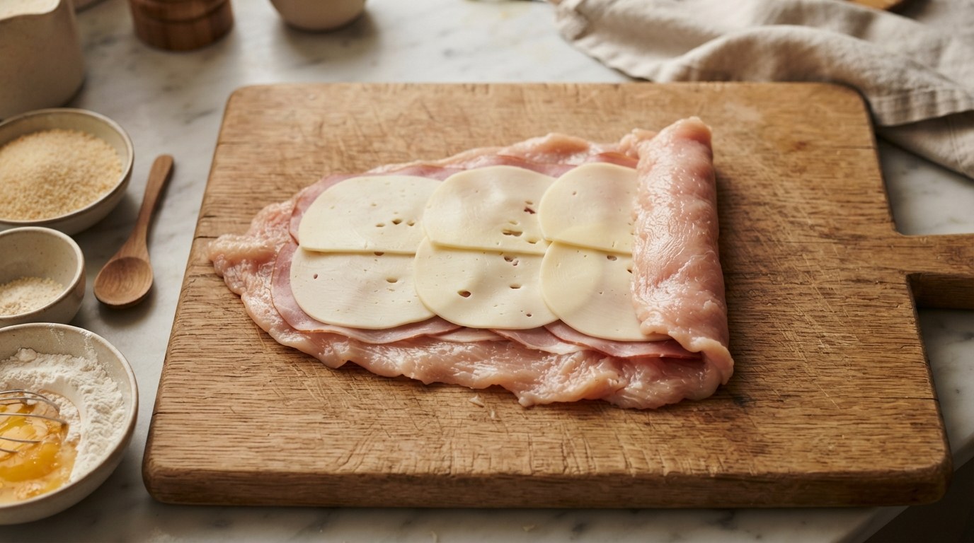 A pounded chicken breast layered with ham and Swiss cheese, partly rolled on a board