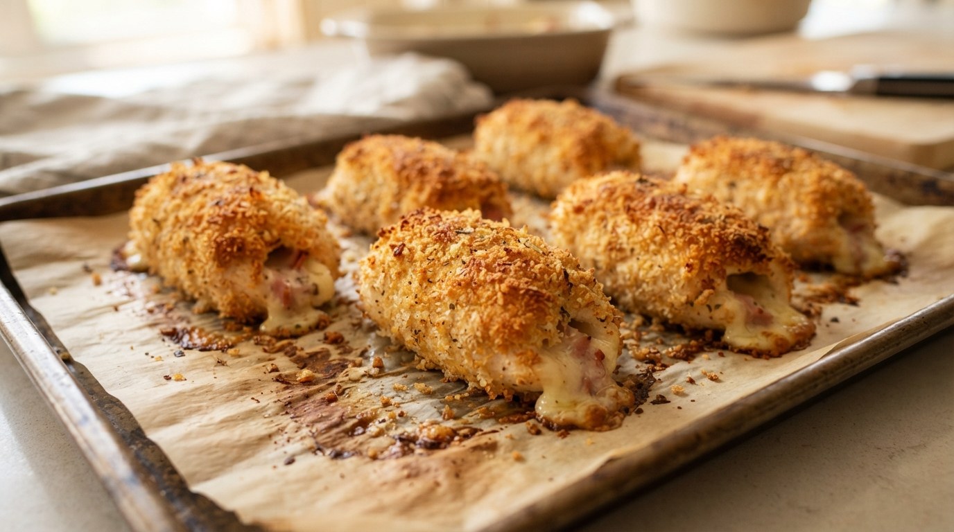 Golden crispy cornflake-crusted chicken cordon bleu rolls fresh from the oven on a baking sheet