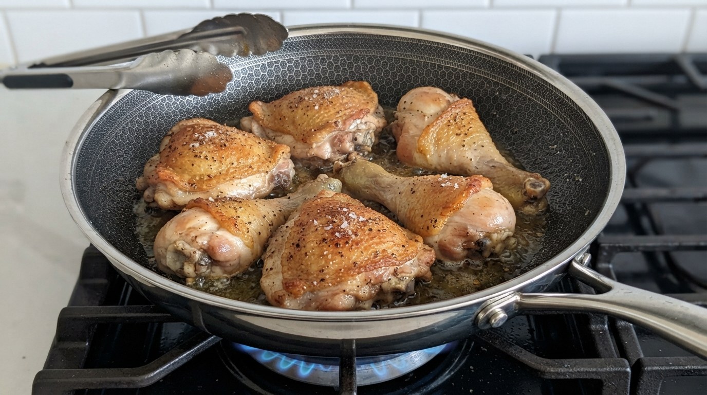 Chicken thighs and drumsticks browning skin side down in olive oil in a skillet, the skin deep golden, with tongs resting on the pan