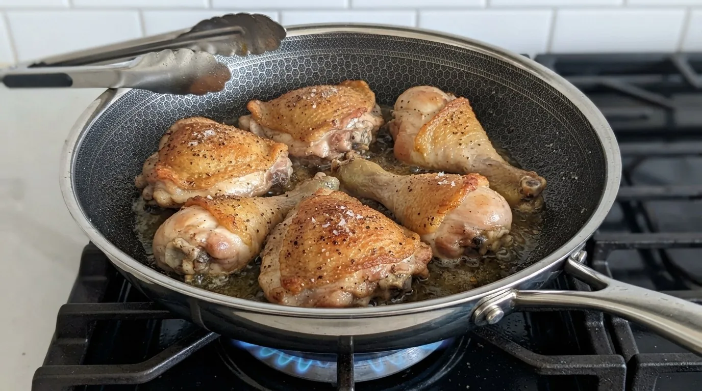 Chicken thighs and drumsticks browning skin side down in olive oil in a skillet, the skin deep golden, with tongs resting on the pan