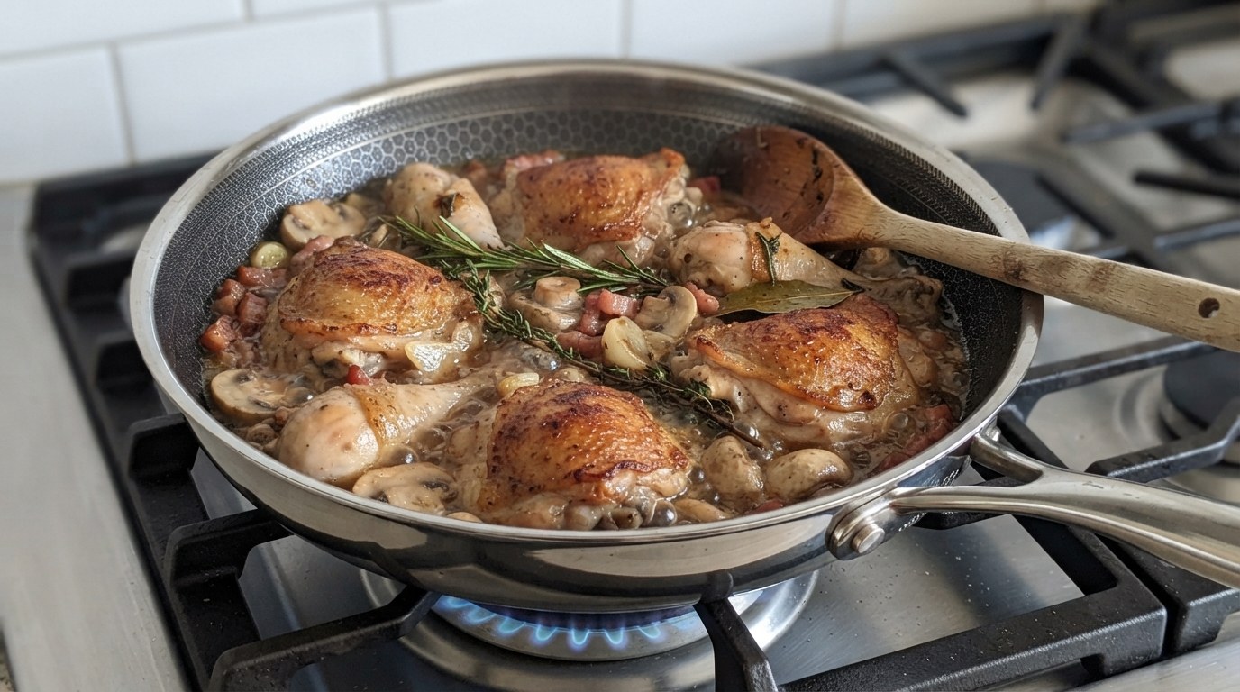 Browned chicken pieces turned skin side up in a skillet with halved button mushrooms, bacon lardons, crushed garlic, a bay leaf and sprigs of rosemary and thyme sizzling around them