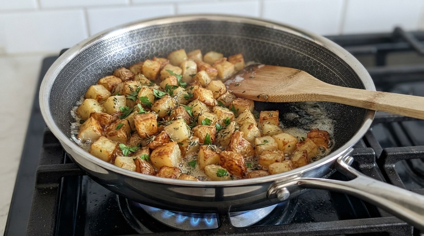 Cubes of parboiled potato sautéing golden in butter and oil in a skillet, scattered with chopped parsley and thyme, with a wooden spatula resting in the pan
