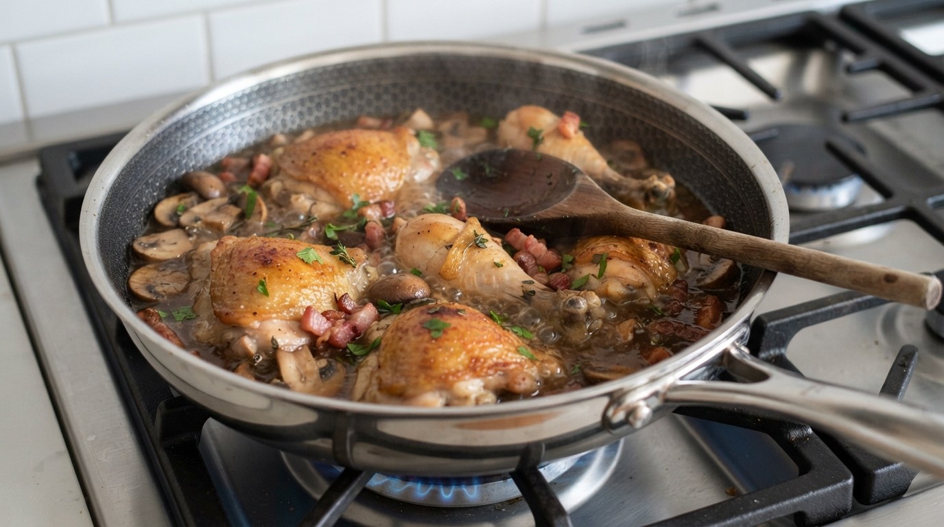 Chicken pieces, mushrooms and bacon lardons simmering gently in a shallow brown stock in a skillet, the browned skin above the liquid and steam rising