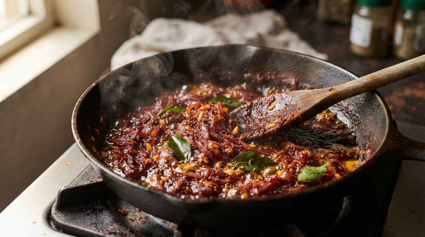 A deep red spice and onion masala frying in oil in a pan with the oil beginning to separate