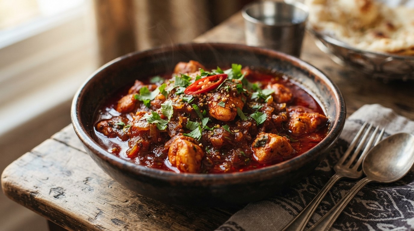 A close-up of deep red chicken madras curry with tender chicken, cilantro, and a red chili