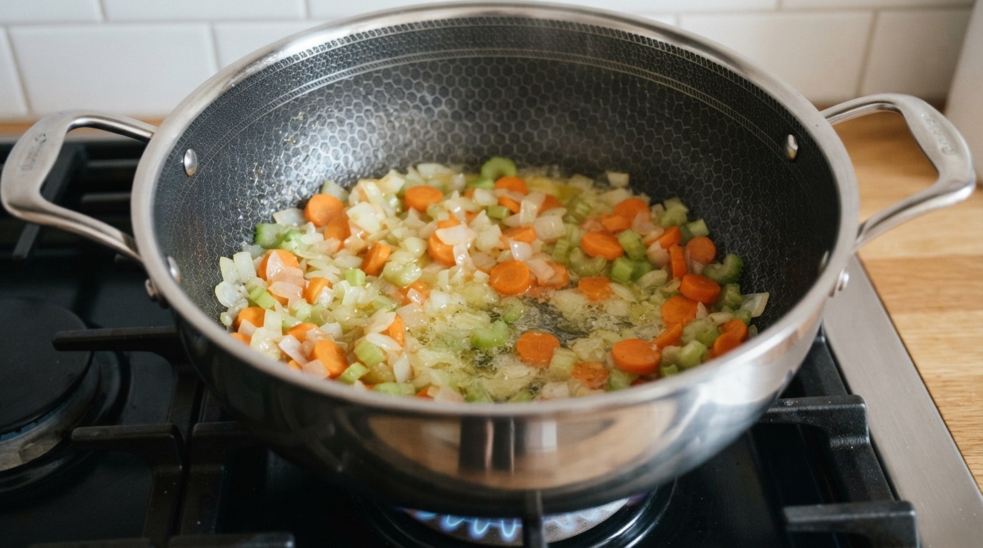 Diced onion, carrot coins, and sliced celery sweating in melted butter in a large pot