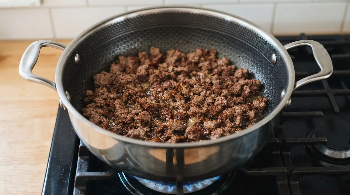 Ground beef browning in a single layer in a heavy pot, the crumbles dark caramelized brown