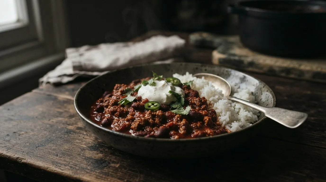 A bowl of chilli con carne with sour cream, jalapeno, cilantro and rice