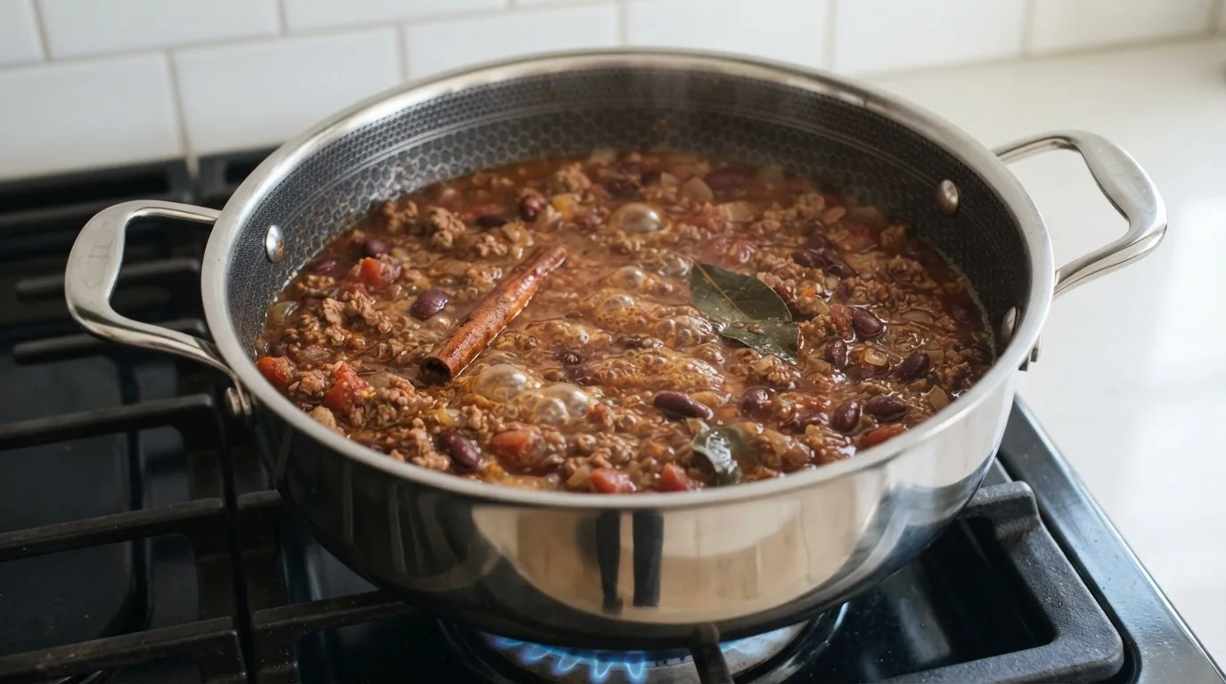 Chilli con carne gently simmering with kidney beans, a cinnamon stick and bay leaves