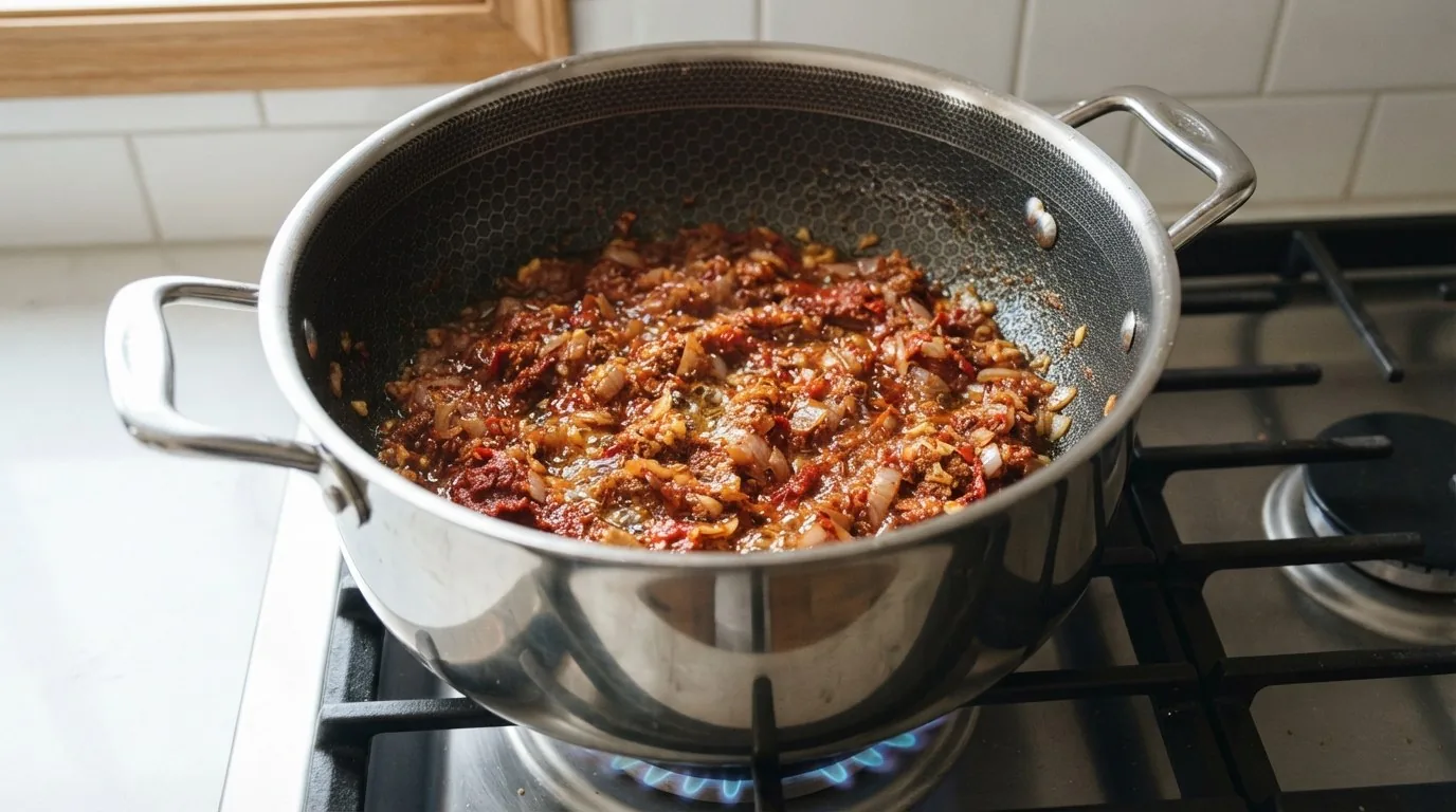 Softened onion, garlic and red chilli with cumin, smoked paprika and tomato paste sizzling until brick red
