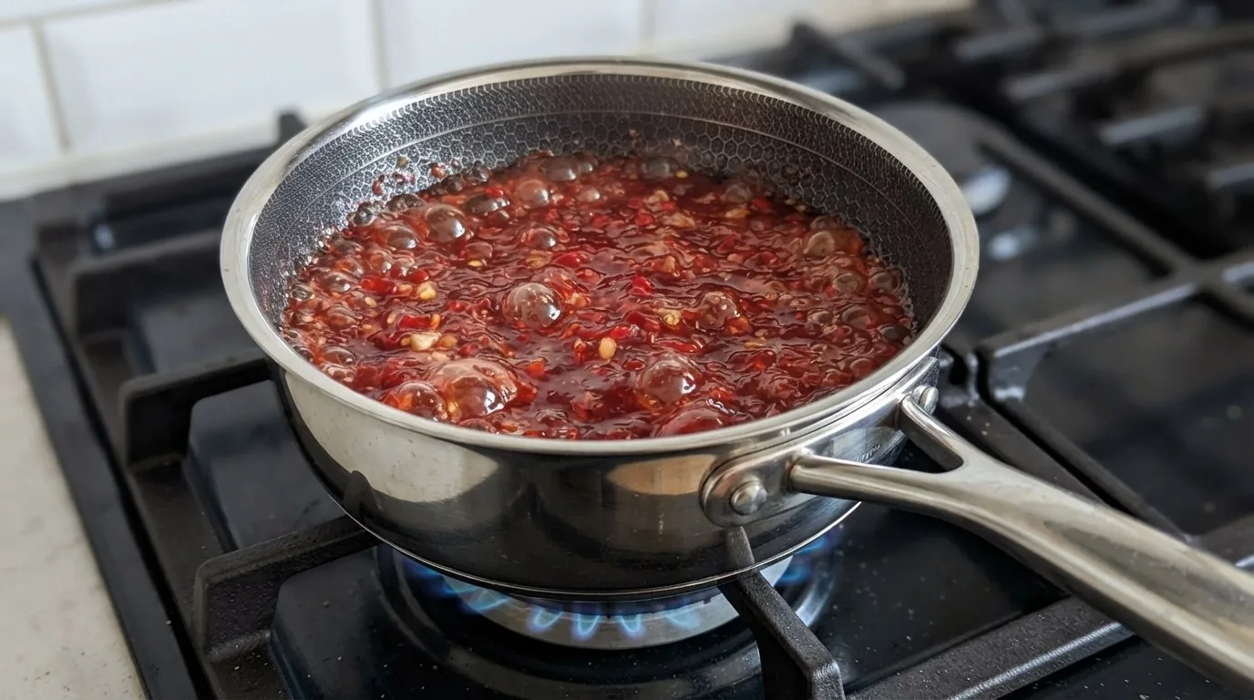 Red chilli jam at a hard rolling boil in a saucepan