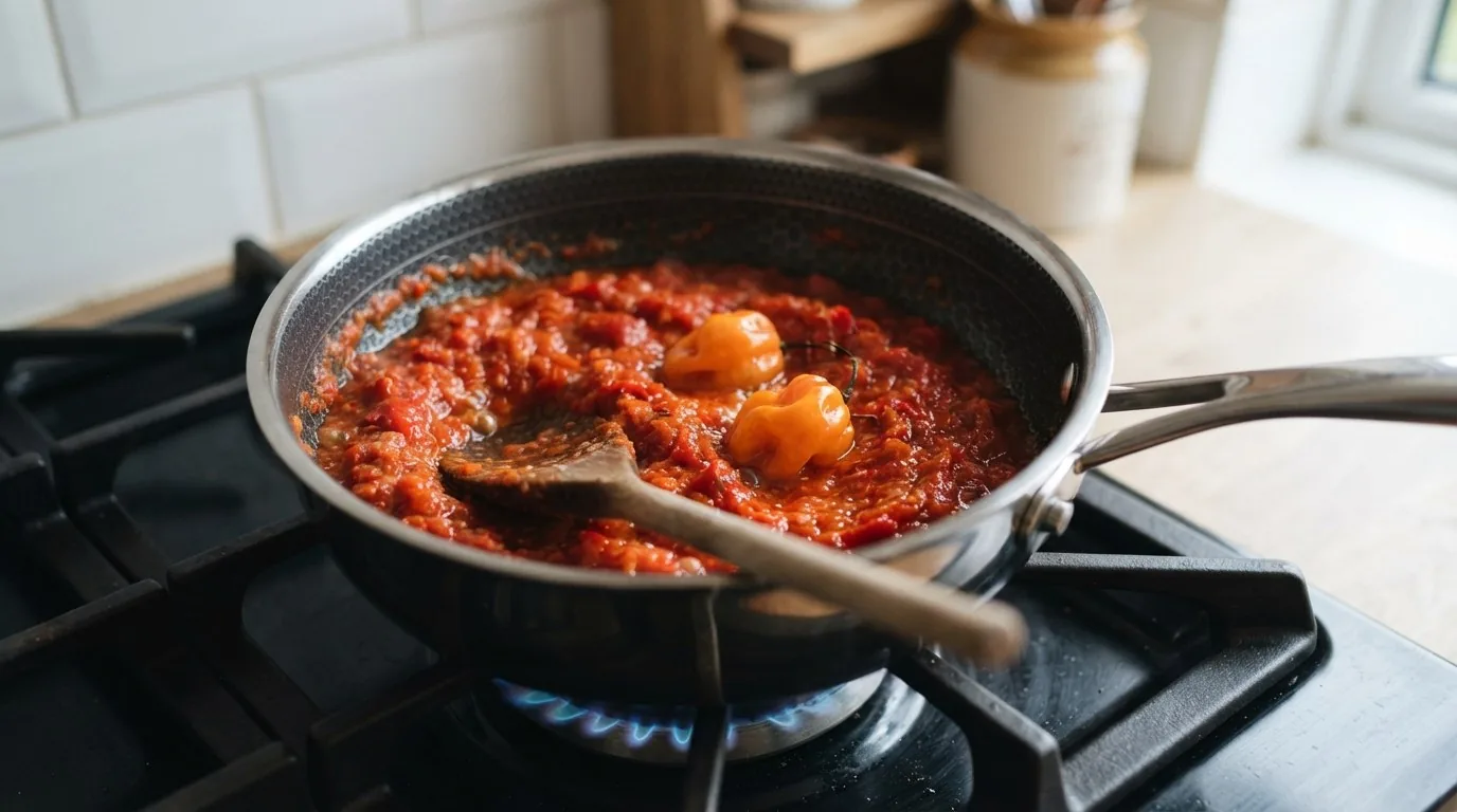 Chilli and roasted pepper puree with sugar, vinegar and whole Scotch bonnets in a pan