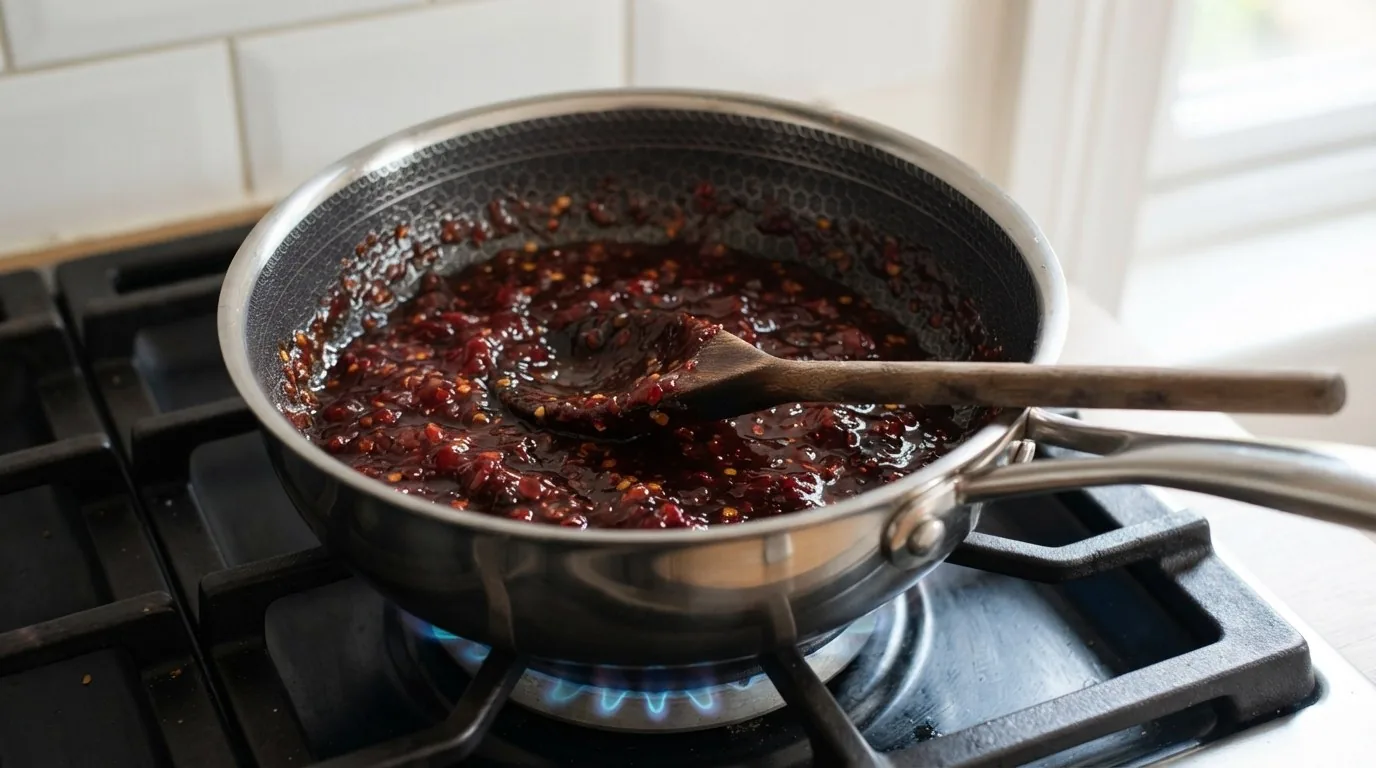 Thick, glossy set chilli jam coating a wooden spoon