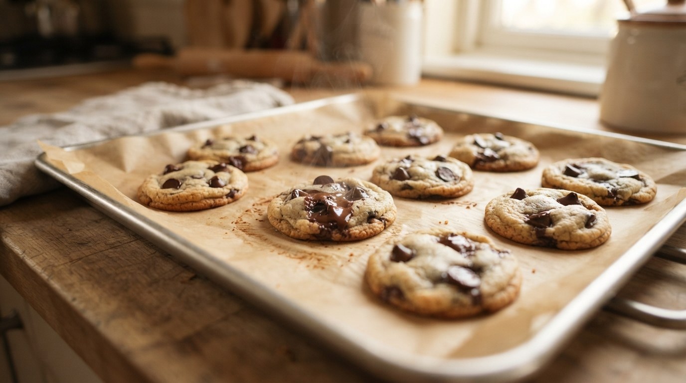 A tray of freshly baked chocolate chip cookies with golden edges and pale, soft centers on parchment paper