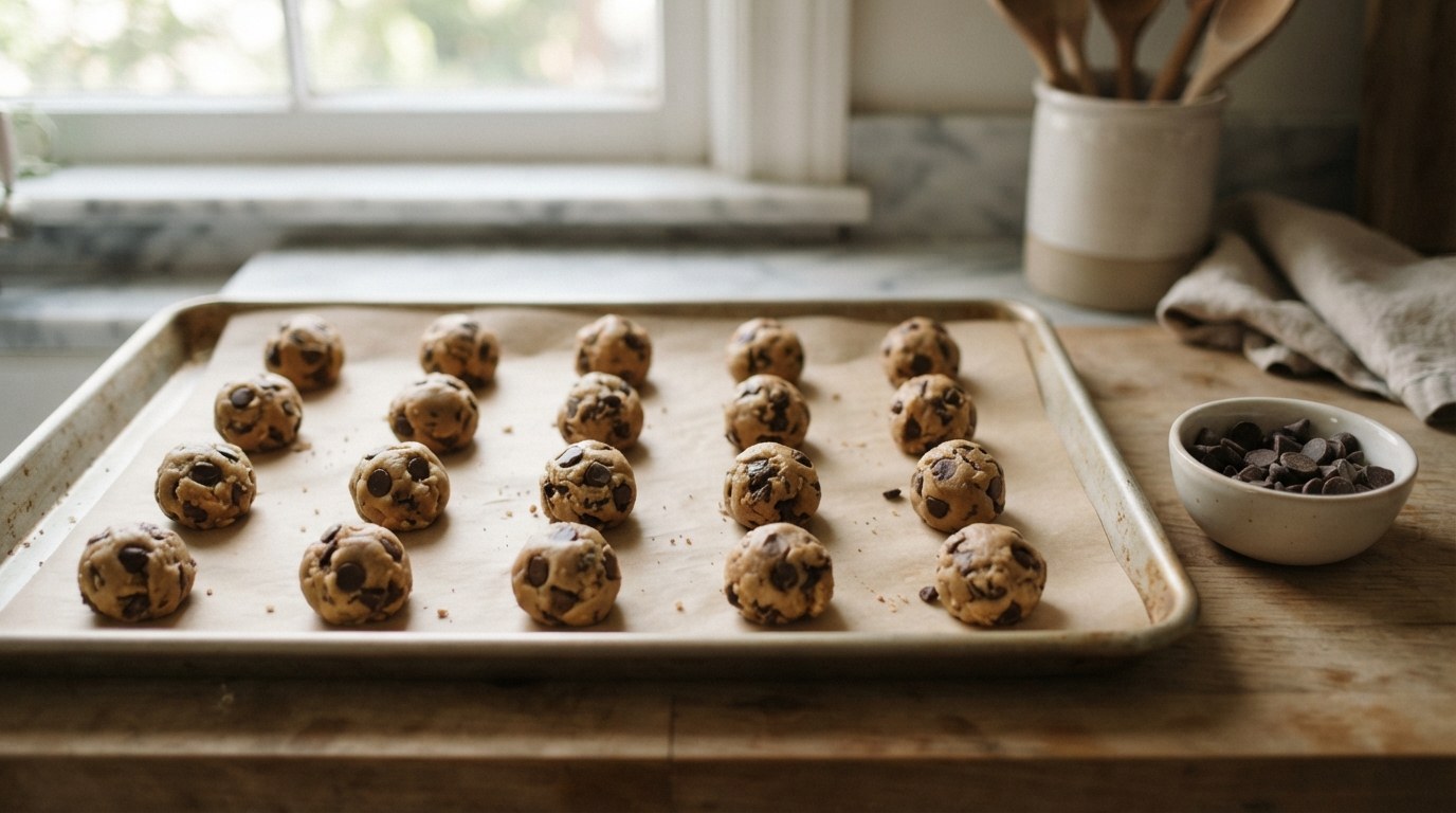 Balls of chocolate chip cookie dough spaced on a parchment-lined baking sheet, ready to bake