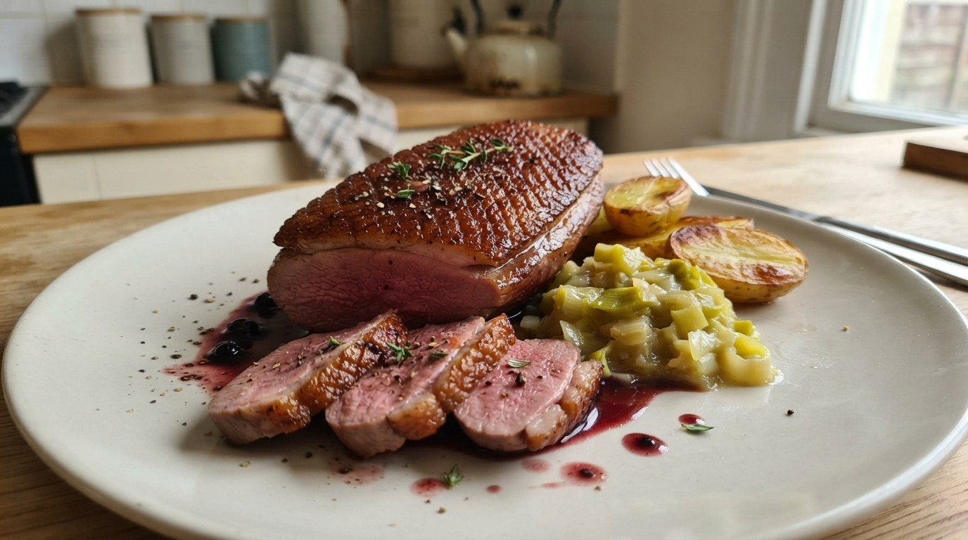 Sliced crispy-skin duck breast with red wine blackcurrant sauce, creamed leeks and confit potatoes