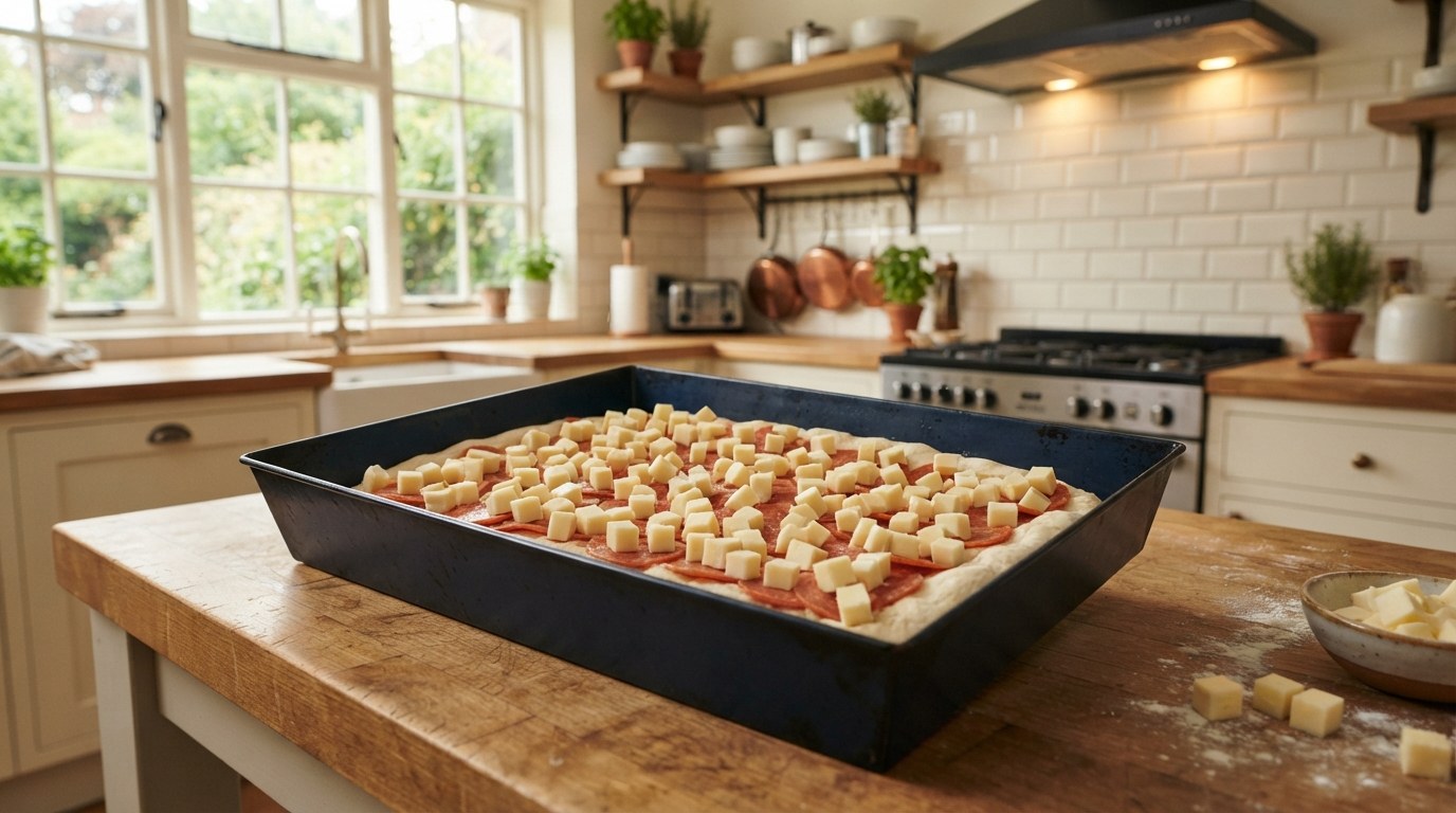 Cubes of Wisconsin brick cheese scattered edge to edge over pepperoni on risen Detroit-style pizza dough