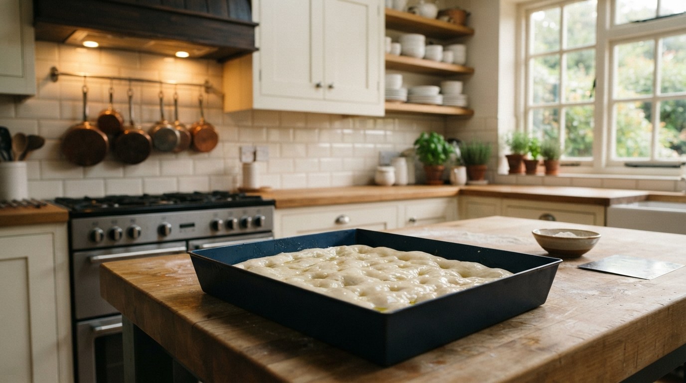 High-hydration Detroit-style pizza dough pressed into the corners of an oiled blue-steel pan, dimpled and rising